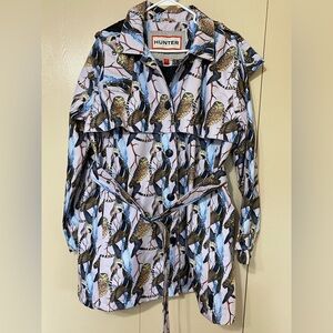 Hunter Printed Trench Coat in White, Lt Blues and Browns